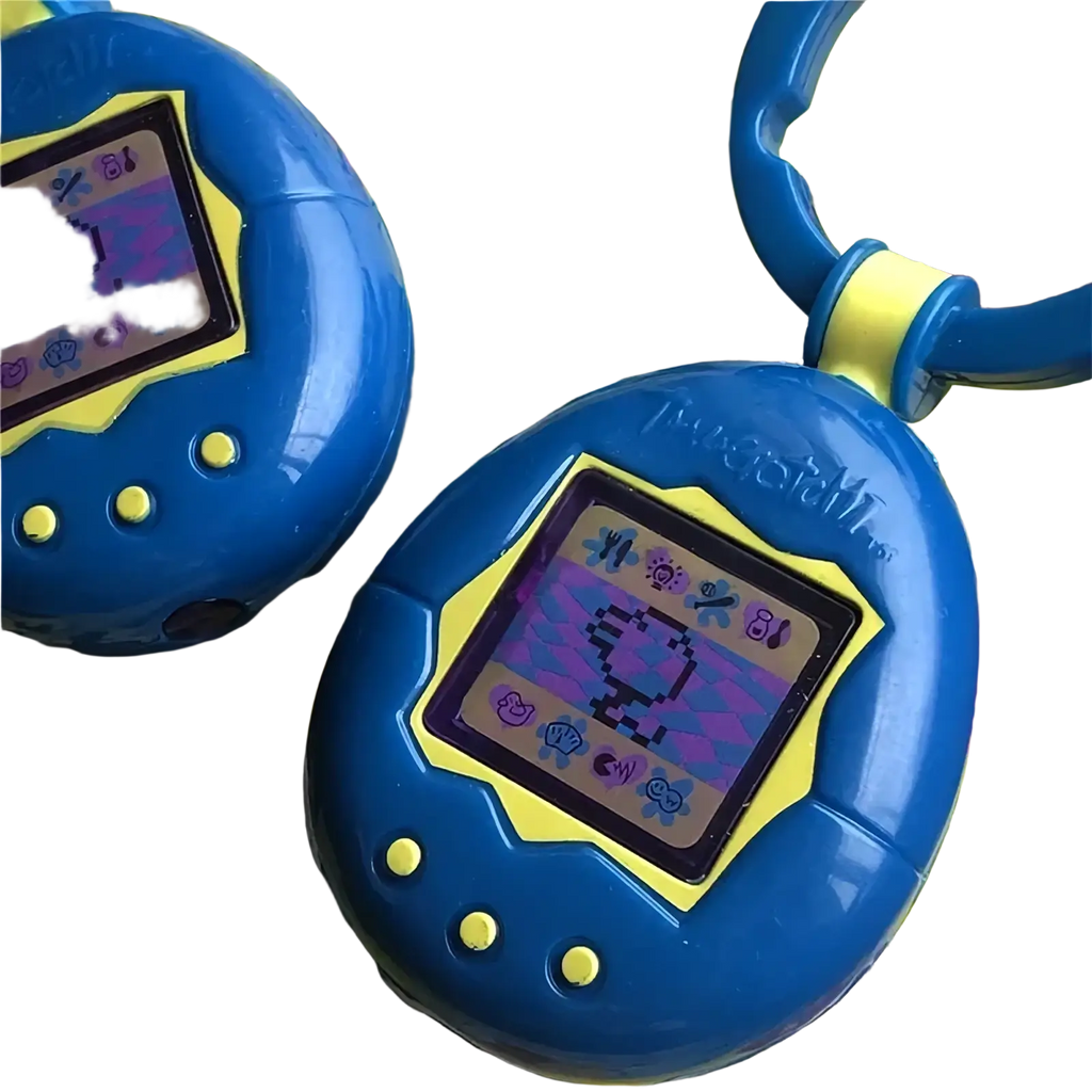 Blue plastic Tamagotchi electronic virtual pet keychain with yellow accents and pixelated creatures on screen