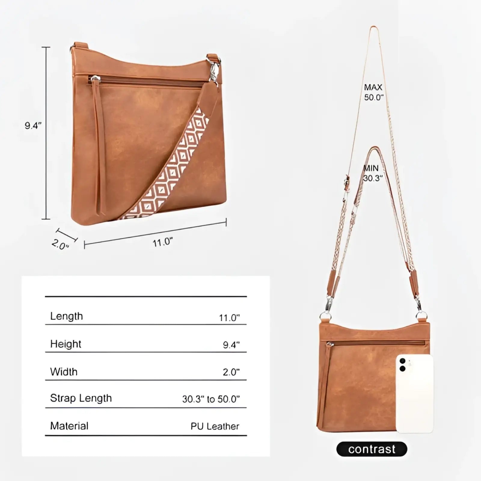 Tan faux leather crossbody bag in tan with geometric patterned diagonal panel and adjustable strap