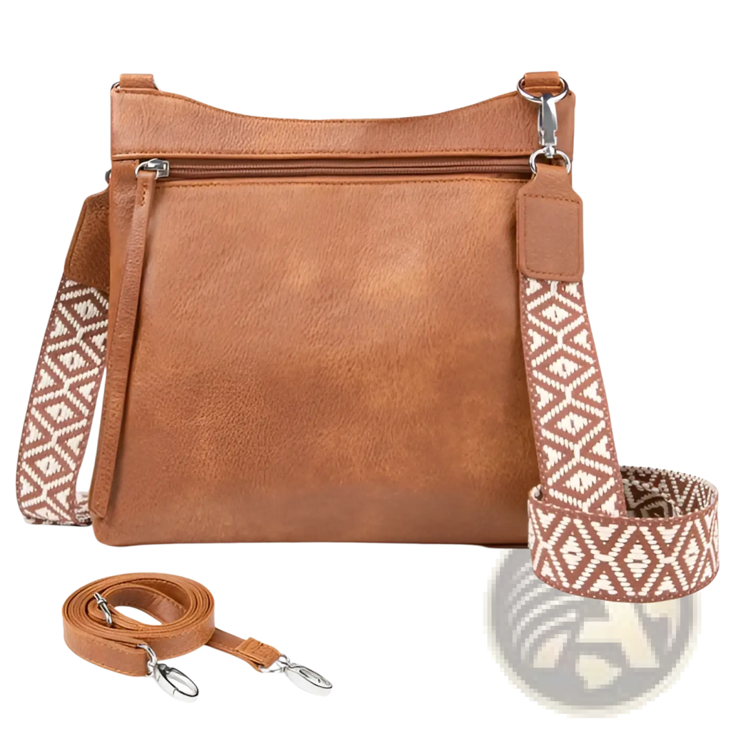 Tan faux leather multi pocket crossbody bag with a geometric patterned and adjustable shoulder strap