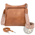 Tan faux leather multi pocket crossbody bag with a geometric patterned and adjustable shoulder strap