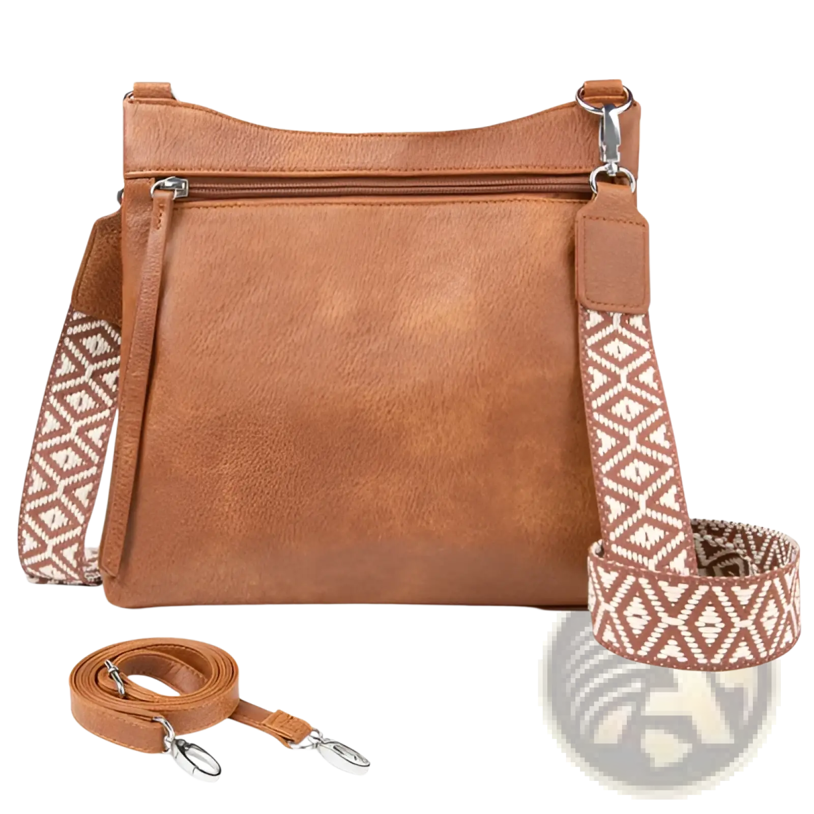 Tan faux leather multi pocket crossbody bag with a geometric patterned and adjustable shoulder strap