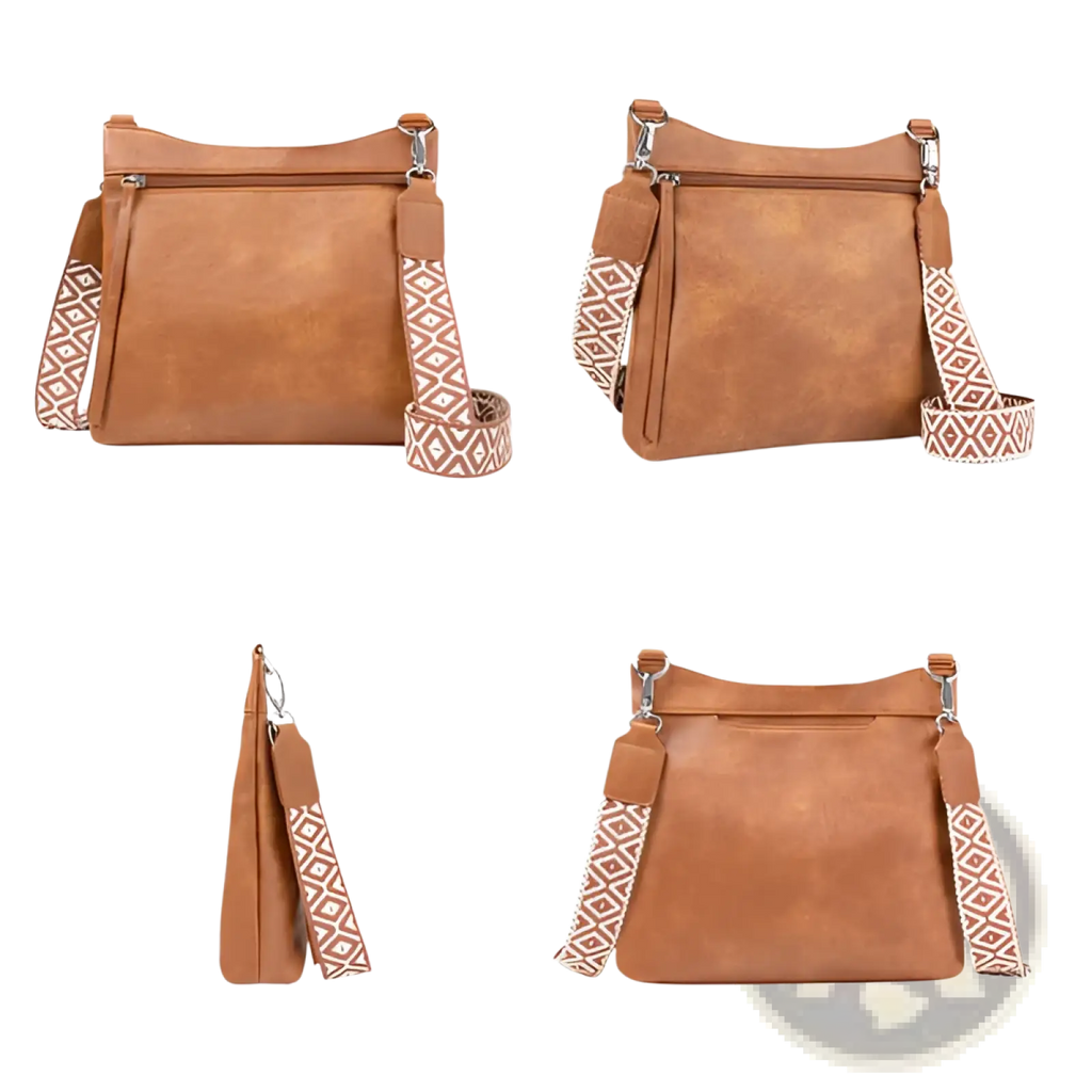 Tan faux leather crossbody bag with multiple pockets and adjustable geometric-patterned strap for versatile use