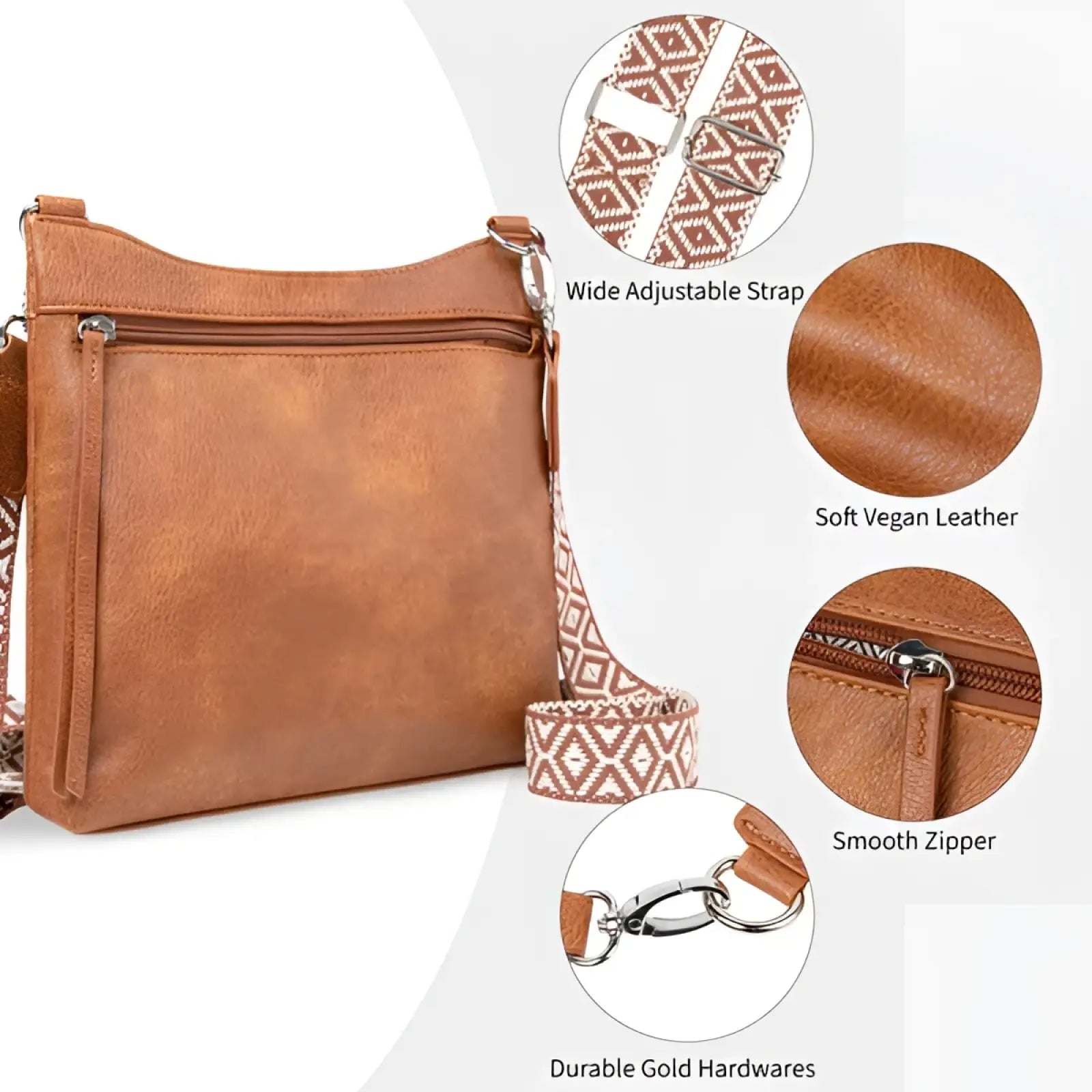Tan faux leather multi pocket crossbody bag with tan vegan leather, geometric-patterned strap, and gold-toned hardware