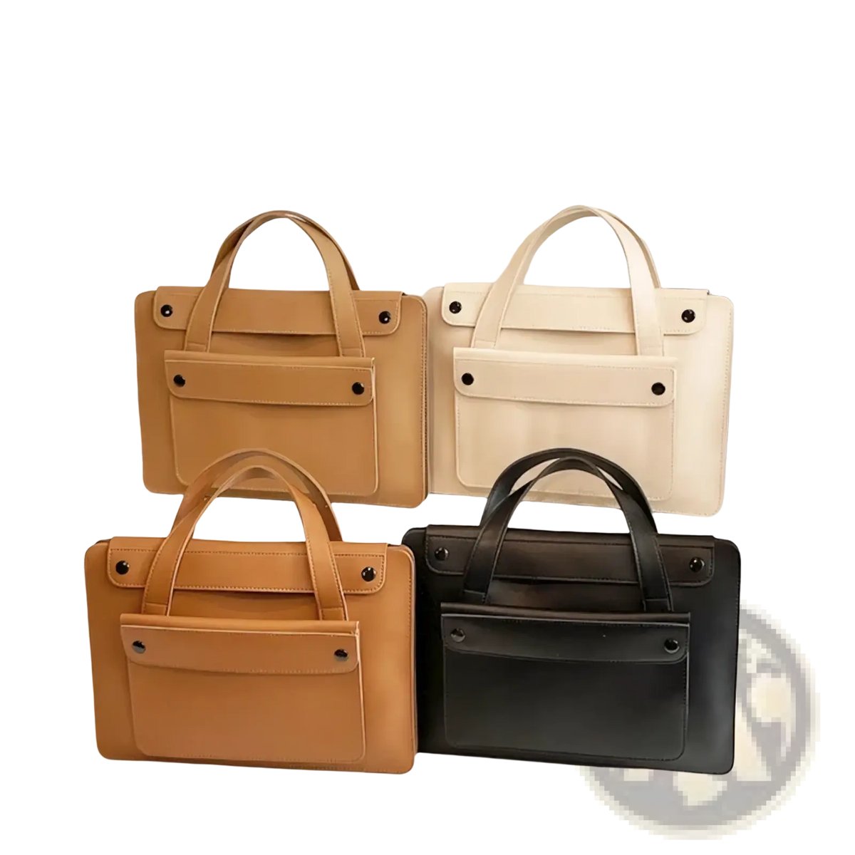 Tan leather laptop briefcase for women with top handle and front flap secured by black rivets