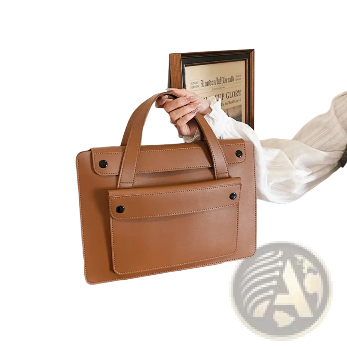 Tan leather laptop briefcase for women with structured design and black rivet accents for professional use