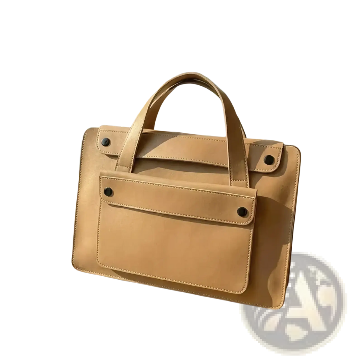 Tan leather laptop briefcase for women featuring a beige leather satchel with top handle and black rivet-secured flap