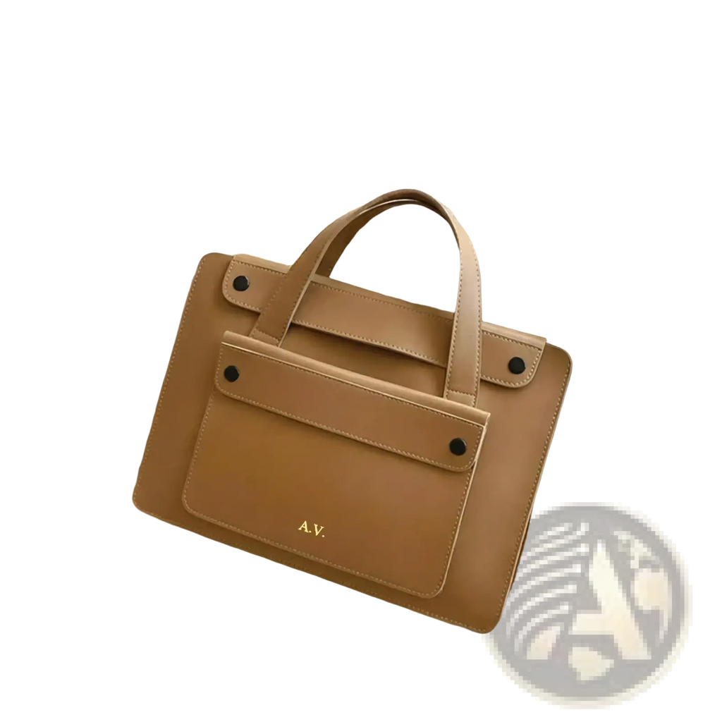 Tan leather laptop briefcase for women with top handle front flap black rivets and gold monogram av on lower left corner