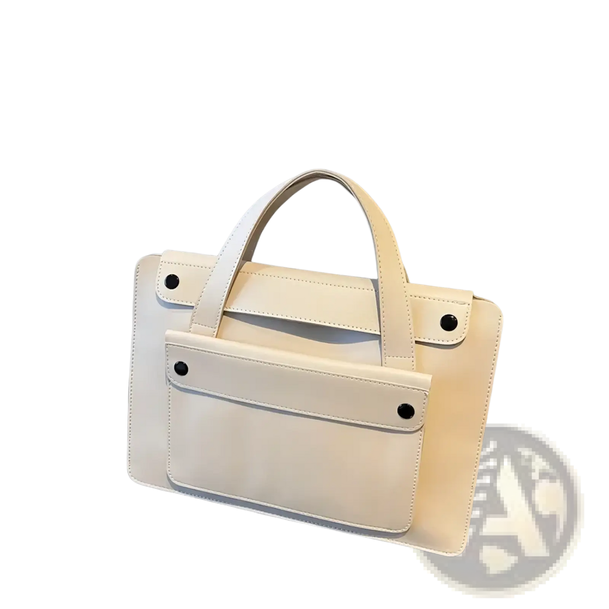 Tan leather laptop briefcase for women in cream-colored leather with minimalist design and black rivet accents