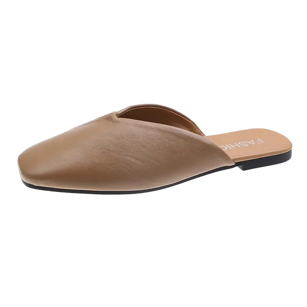 Tan leather mule flat slippers with square toe and black sole for comfortable slip-on wear