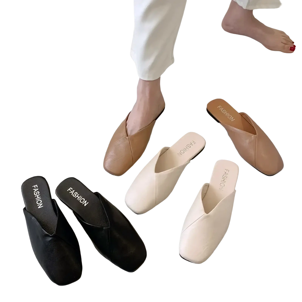 Tan leather square toe mule flat slippers in beige and black with a sleek minimalist design