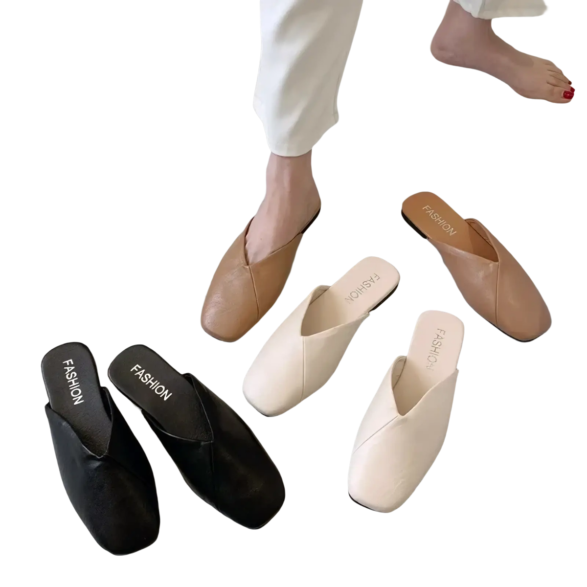 Tan leather square toe mule flat slippers in beige and black with a sleek minimalist design