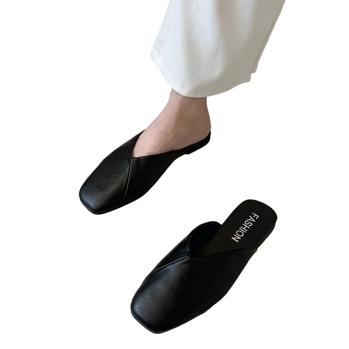 Black square toe leather mules with a sleek minimalist design and smooth finish for stylish everyday wear