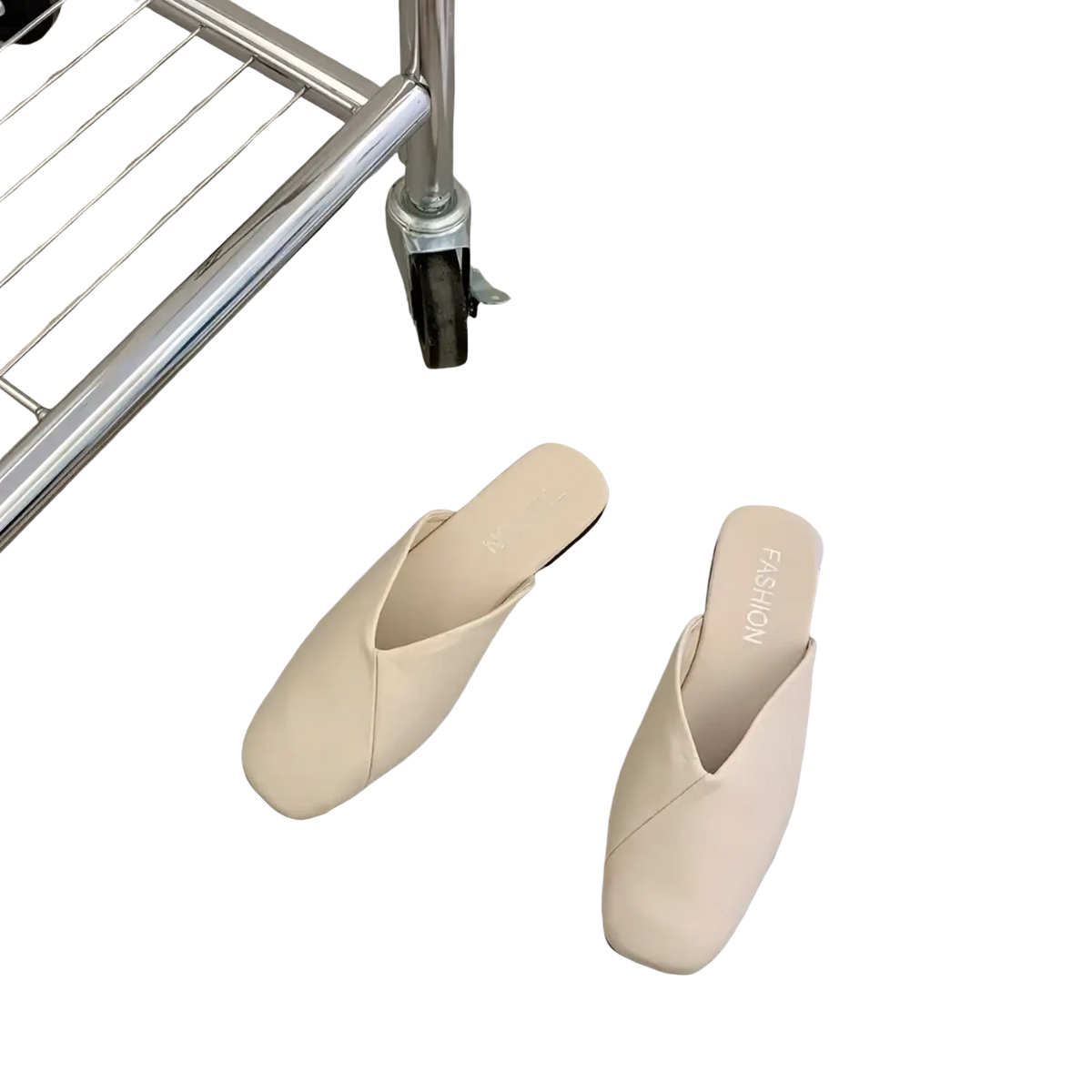 Tan leather square toe mule flat slippers in cream color with slip-on design and soft leather-like material