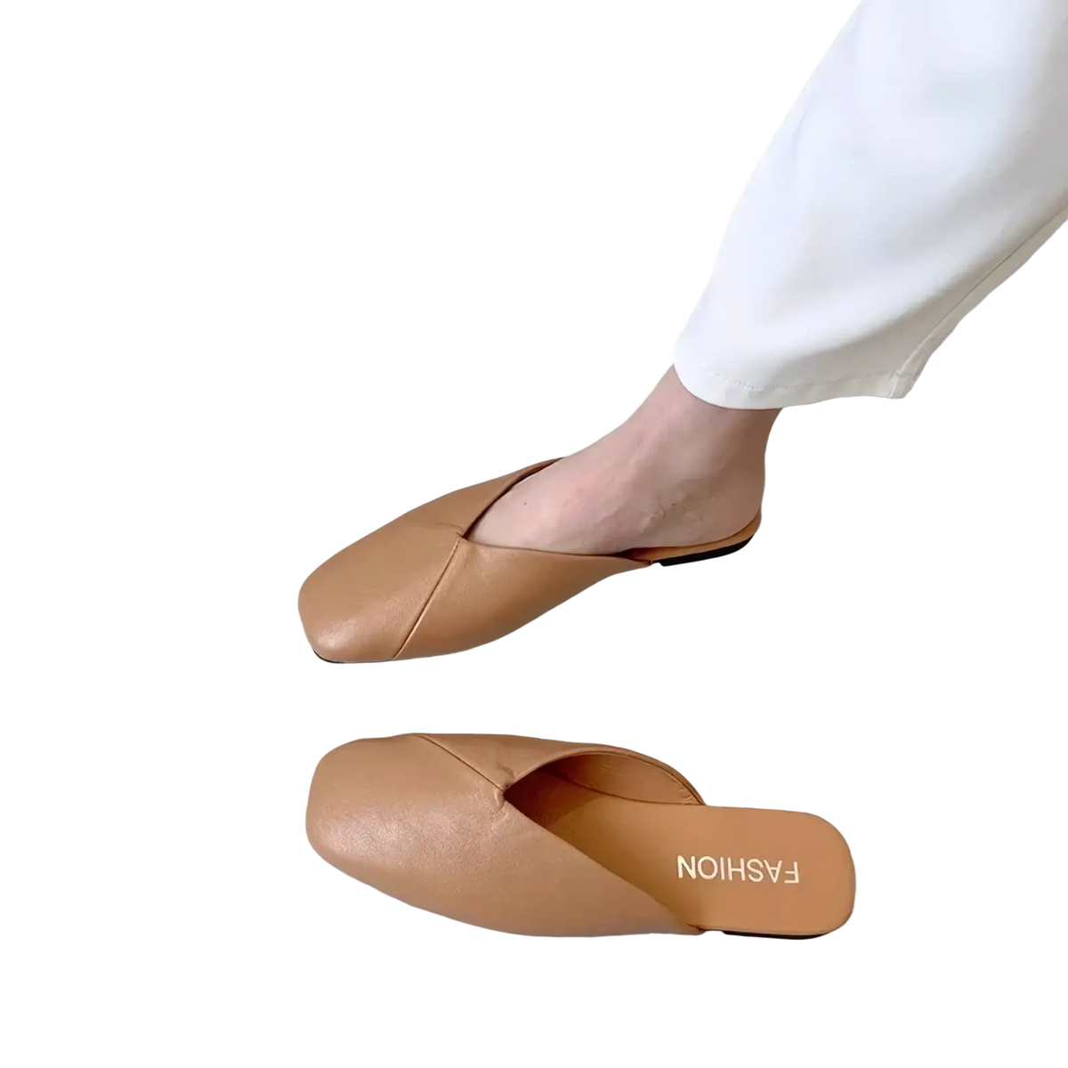 Tan leather square toe mule flat slippers featuring a minimalist design and soft leather material