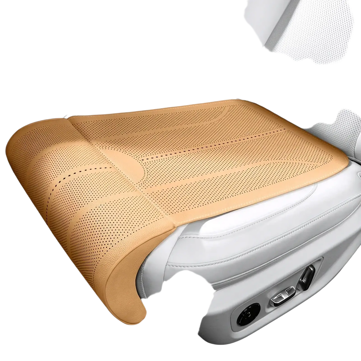 Tan perforated car seat cushion with contoured design made of soft beige fabric for leg support and comfort