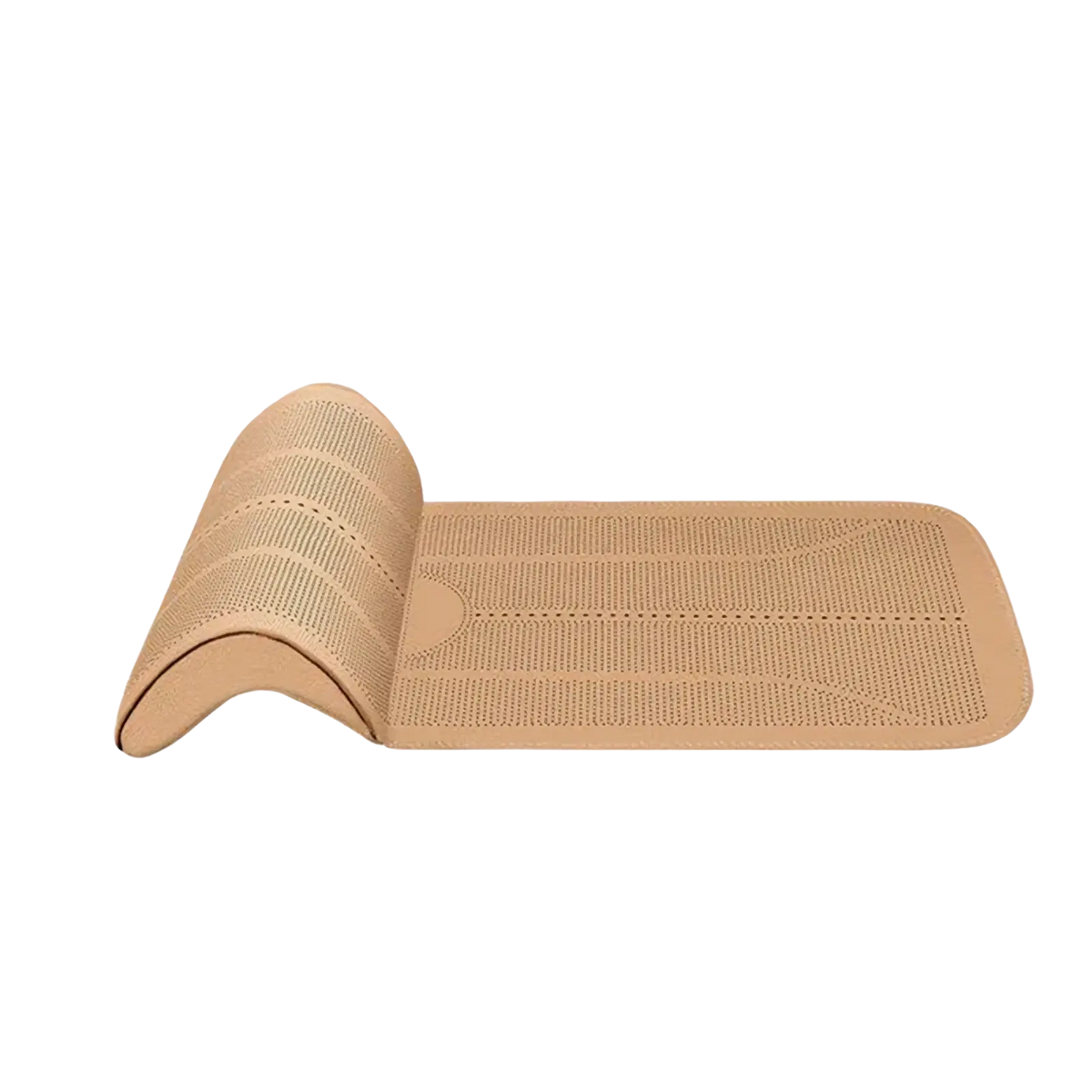 Tan perforated car seat cushion leg support made of beige flexible silicone with textured perforated design and precise dimensions