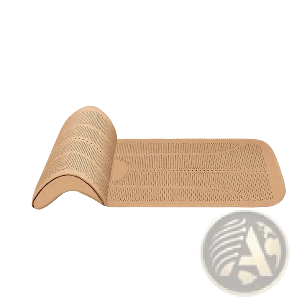 Tan perforated car seat cushion leg support made of beige flexible silicone with textured perforated design and precise dimensions