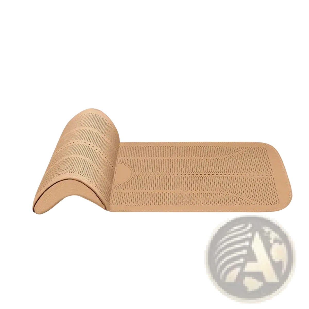Tan perforated car seat cushion leg support made of beige flexible silicone with textured perforated design and precise dimensions