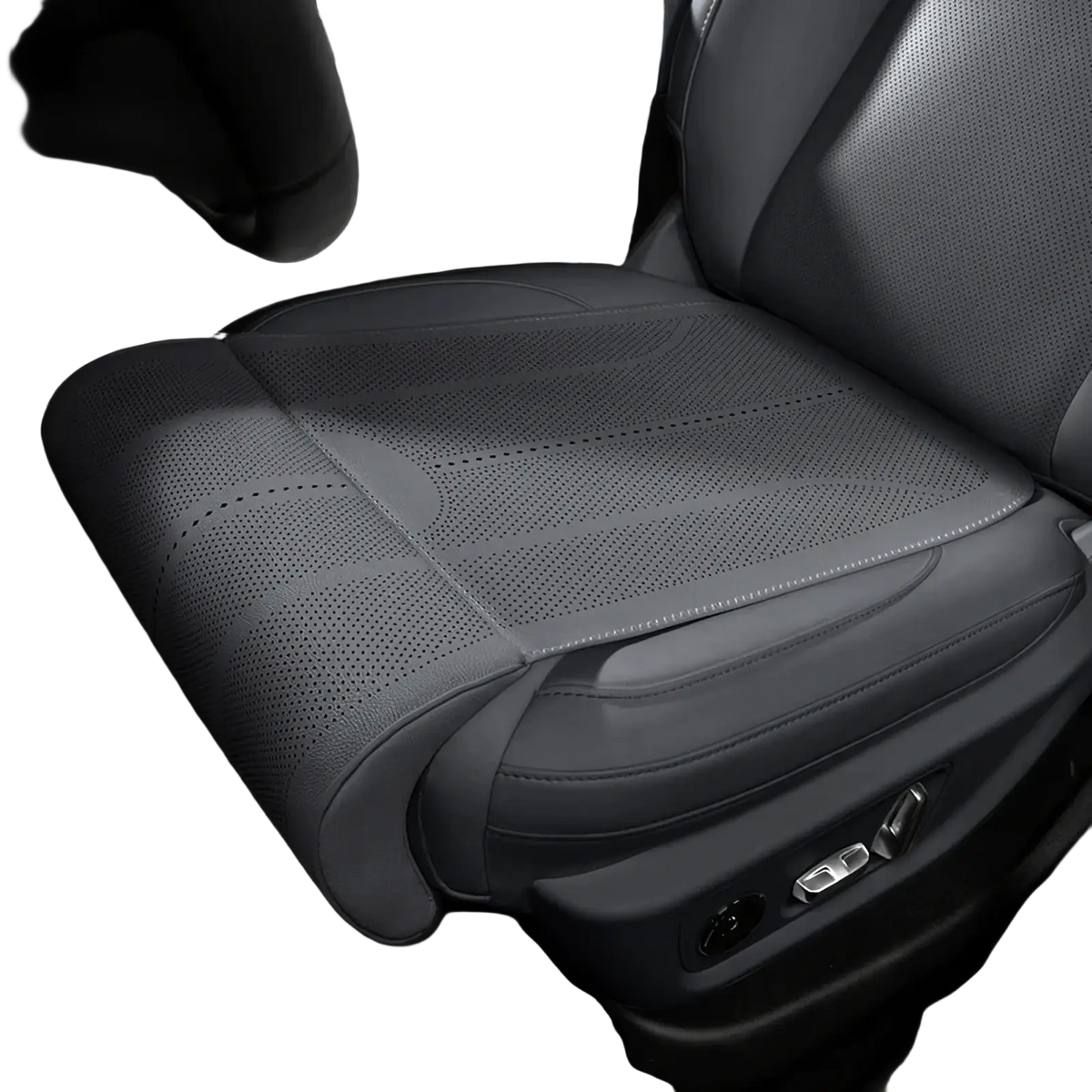 Black perforated car seat cover with stitched detailing designed for leg support in tan perforated car seat cushion product