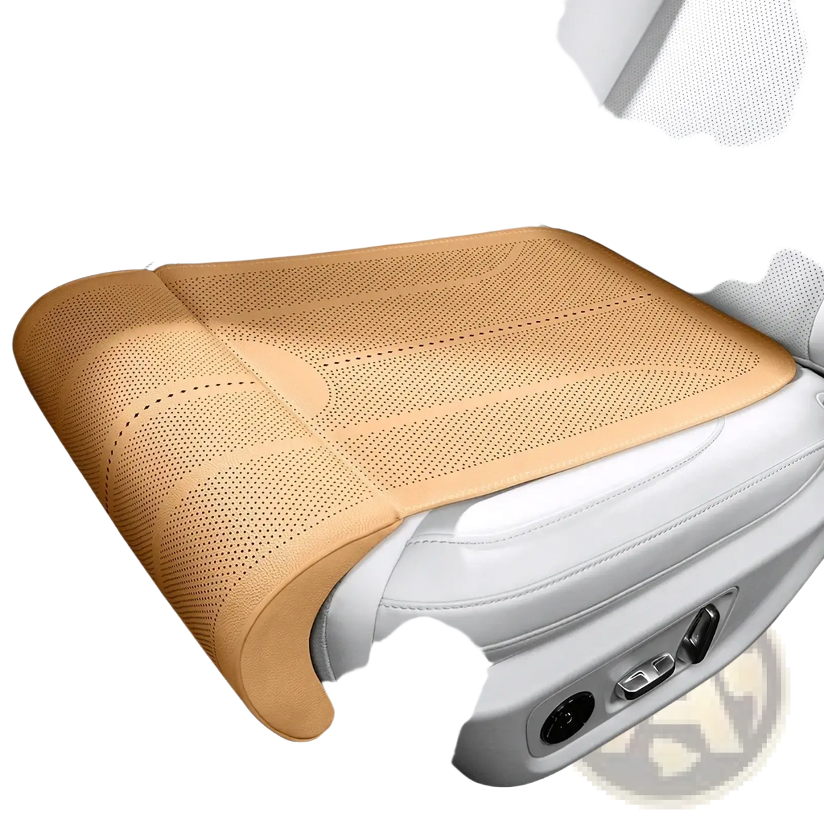 Tan perforated car seat cushion with contoured design made of soft beige fabric for leg support and comfort