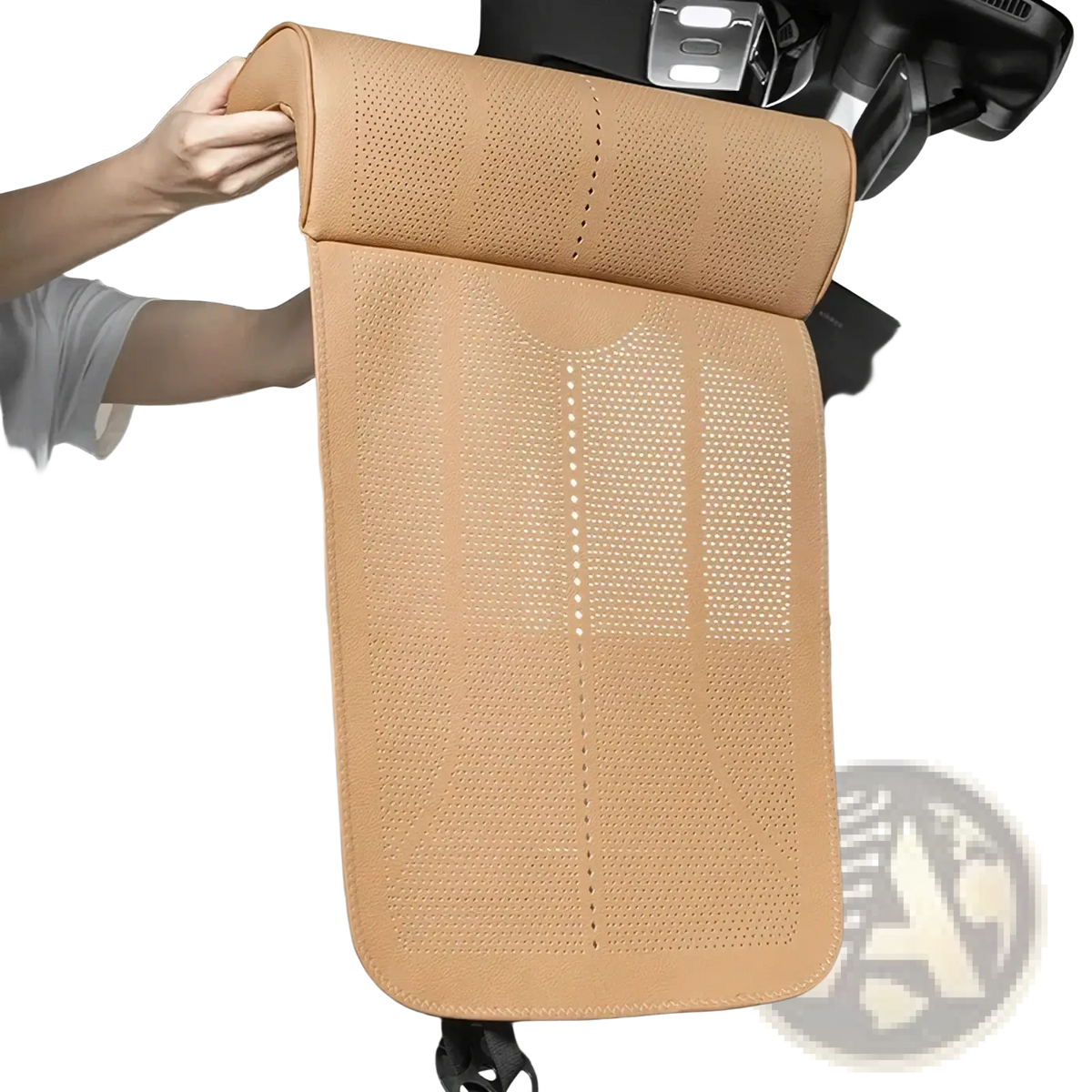 Tan perforated leather car seat headrest cover shown from the back for tan perforated car seat cushion leg support