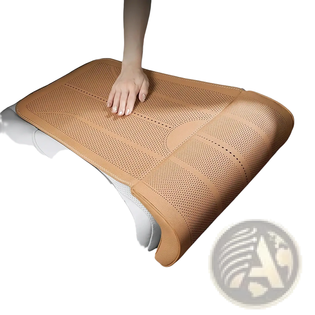 Tan perforated leather car seat cushion with contoured design for enhanced leg support and comfort