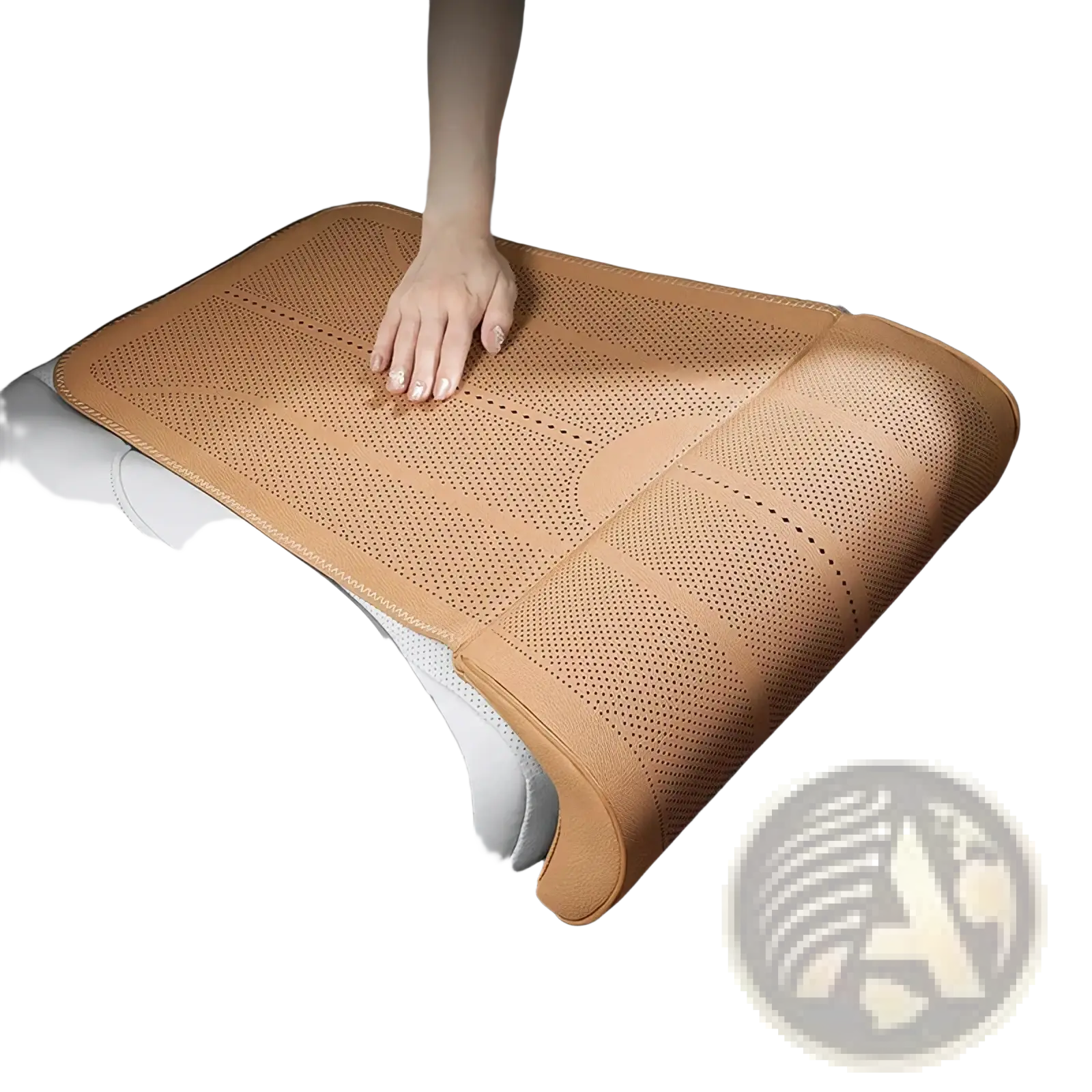 Tan perforated leather car seat cushion with contoured design for enhanced leg support and comfort