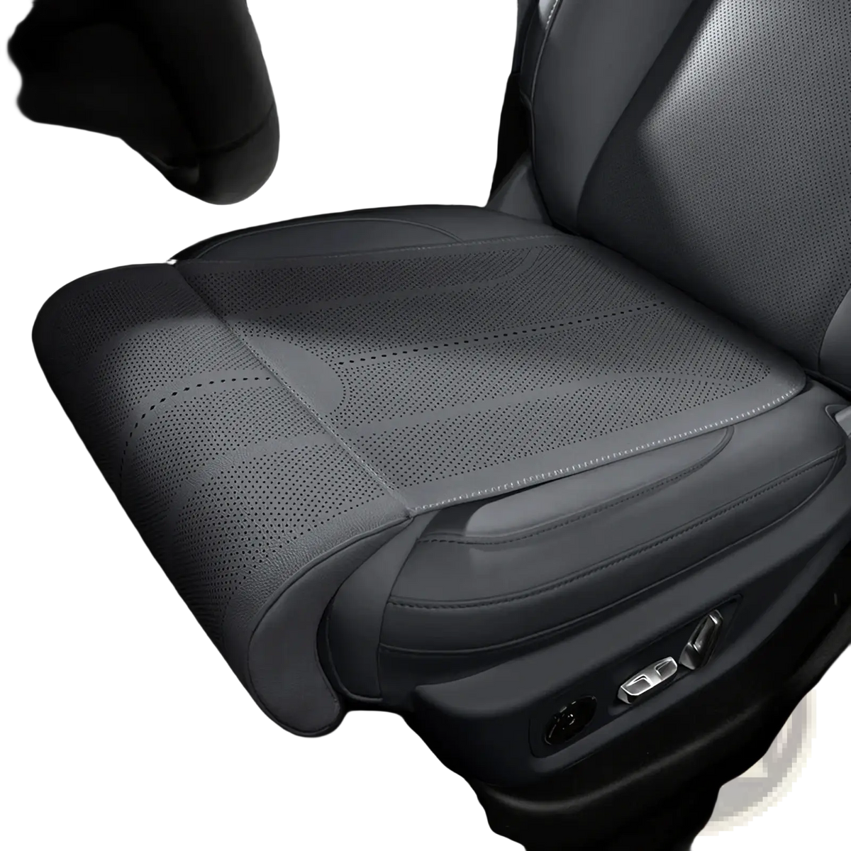Black perforated car seat cover with stitched detailing designed for leg support in tan perforated car seat cushion product