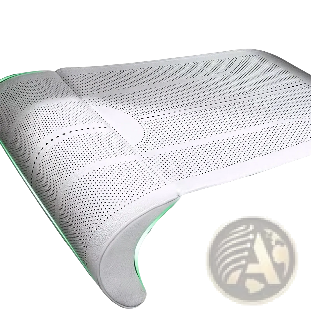 White perforated car seat cushion with glowing green edge designed for leg support in tan perforated material