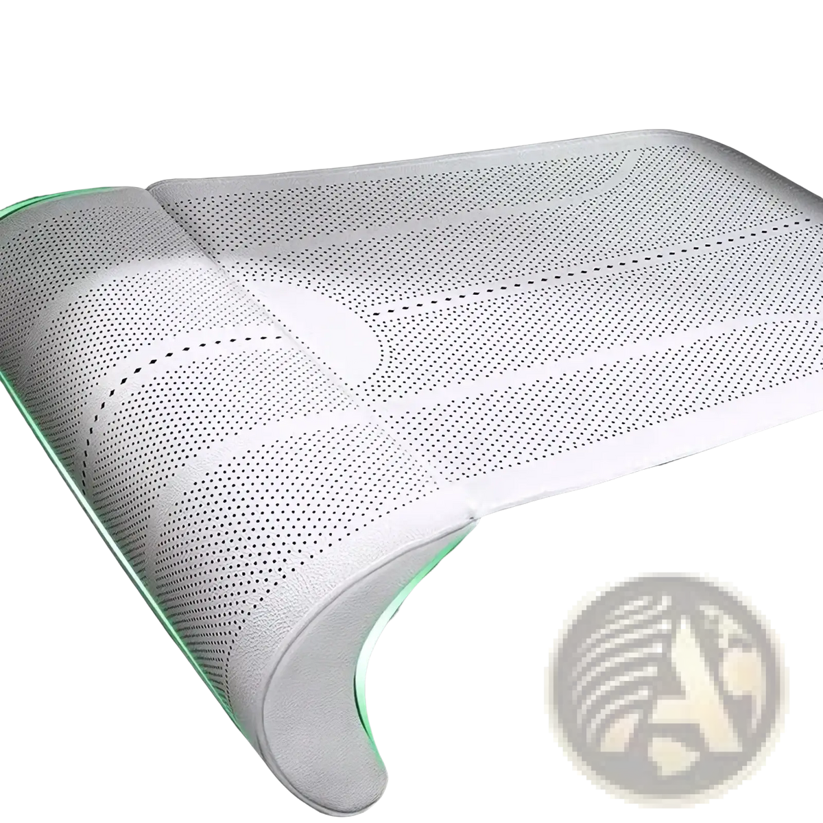 White perforated car seat cushion with glowing green edge designed for leg support in tan perforated material