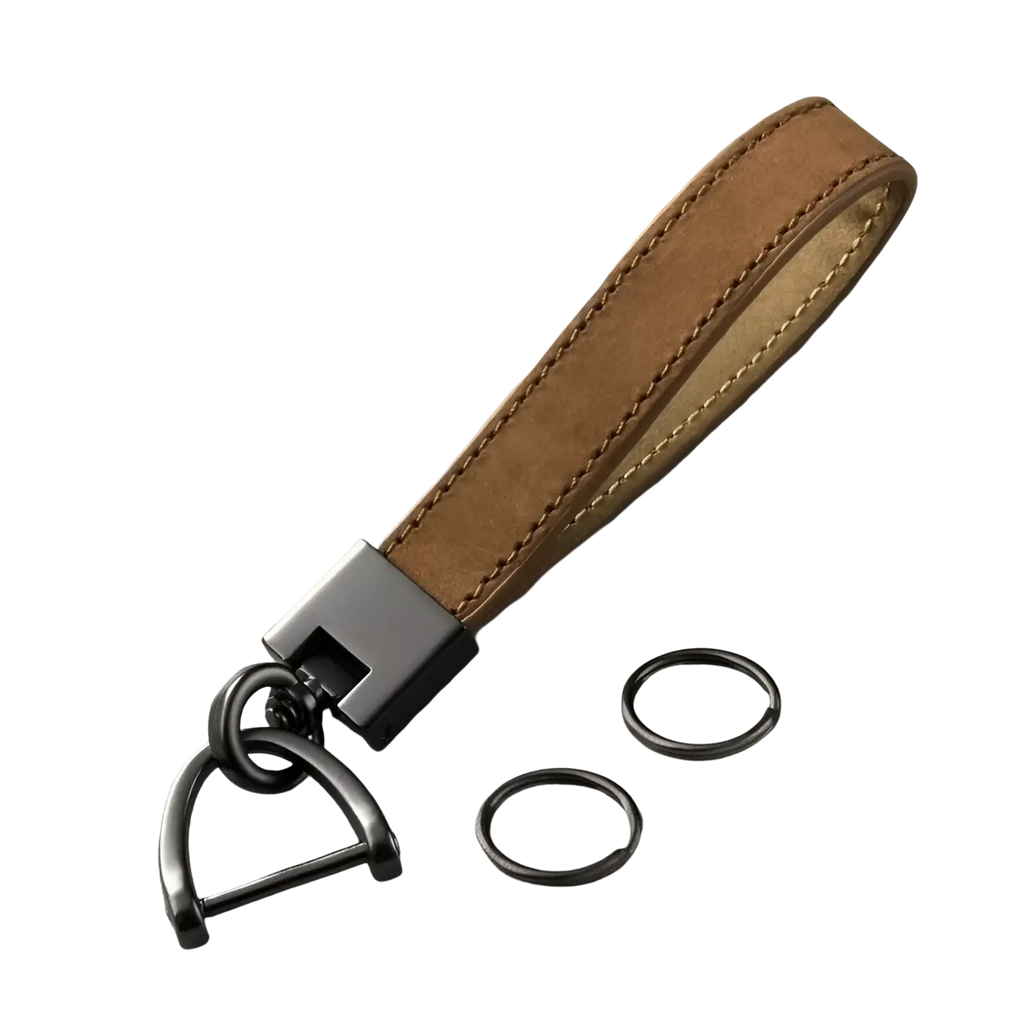 Tan suede leather car keychain ring with black metal hardware and d-ring attachment for secure key organization