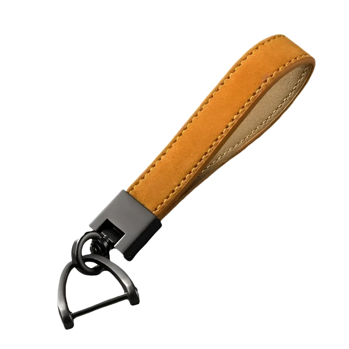 Tan suede leather car keychain ring with black metal hardware and d-shaped ring for secure key attachment