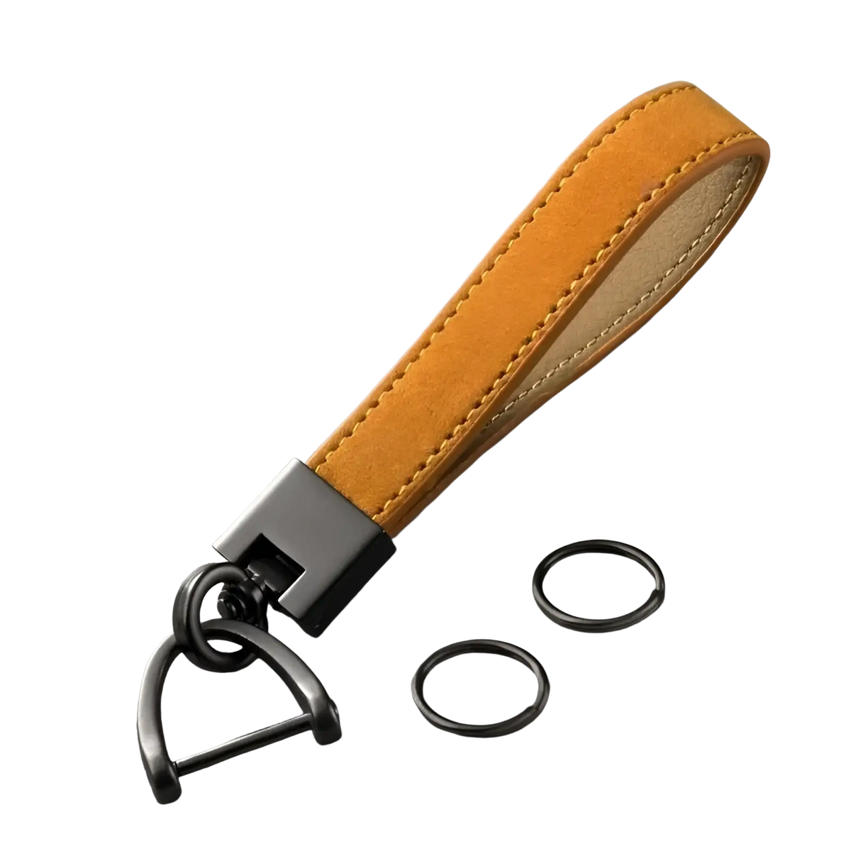 Tan suede leather car keychain ring with matte black metal d-ring and clasp featuring light contrast stitching
