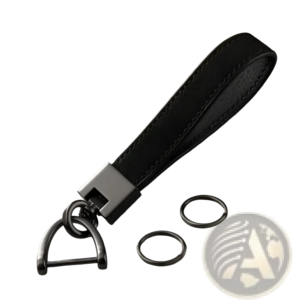 Black leather car keychain ring with matte black metal d-ring rectangular connector and two additional metal rings