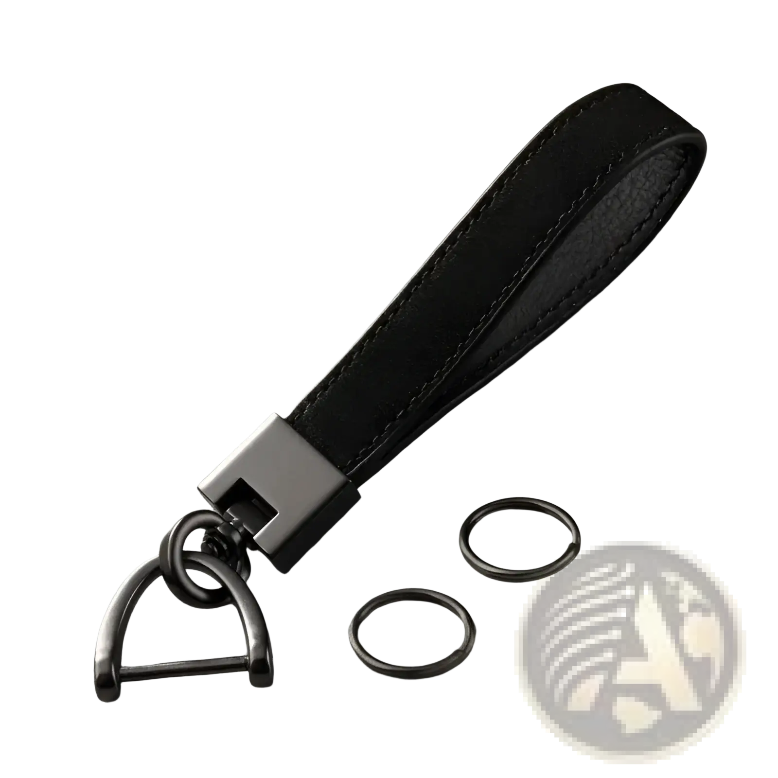 Black leather car keychain ring with matte black metal d-ring rectangular connector and two additional metal rings