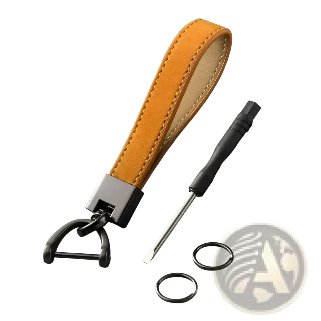 Tan suede leather car keychain ring with black metal d-ring and silver-toned clasp for secure key holding