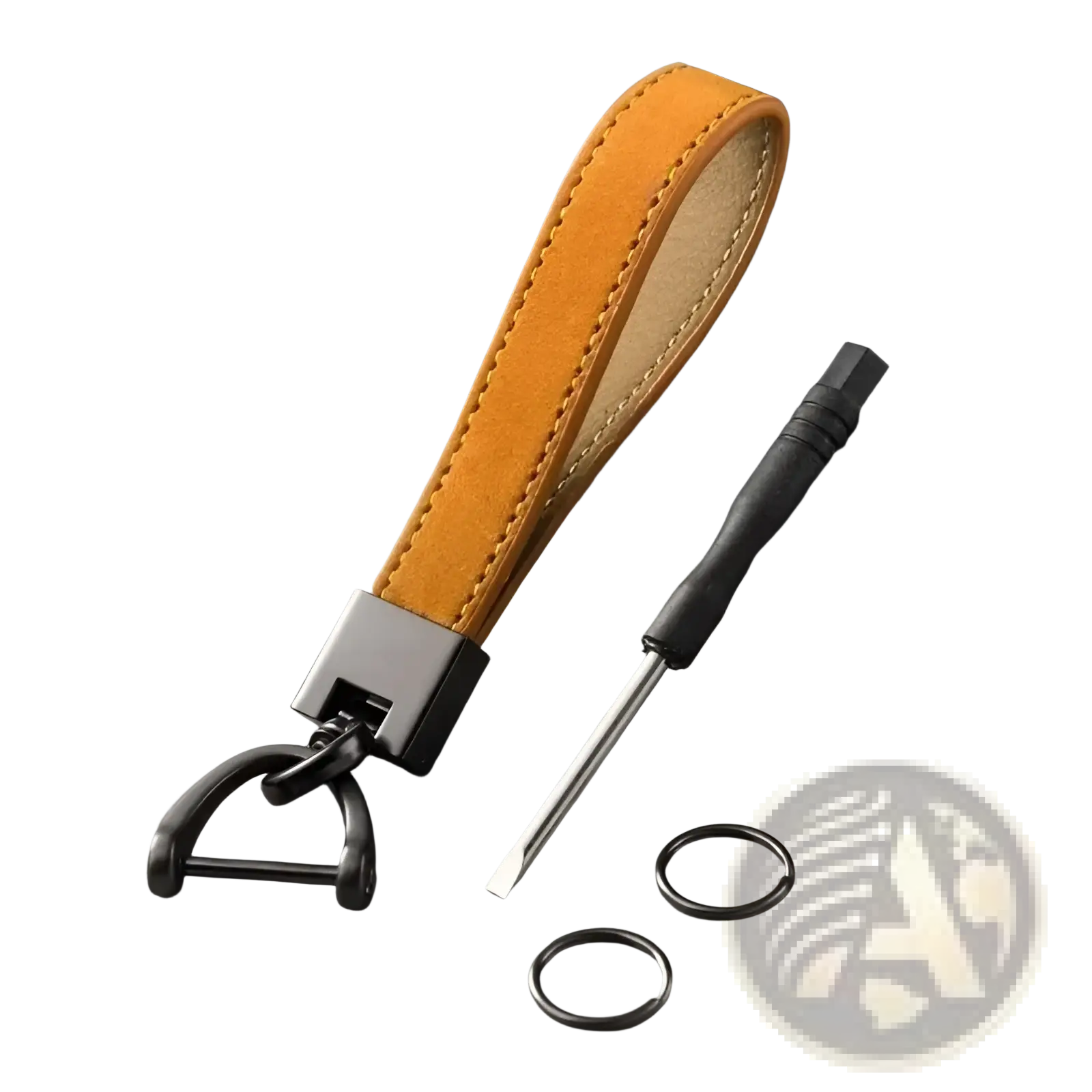 Tan suede leather car keychain ring with black metal d-ring and silver-toned clasp for secure key holding