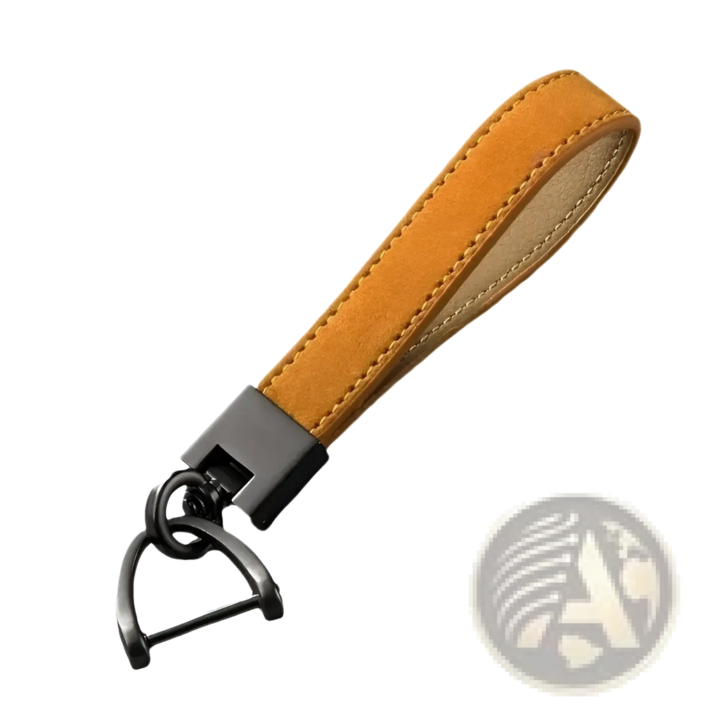 Tan suede leather car keychain ring with black metal hardware and d-shaped ring for secure key attachment