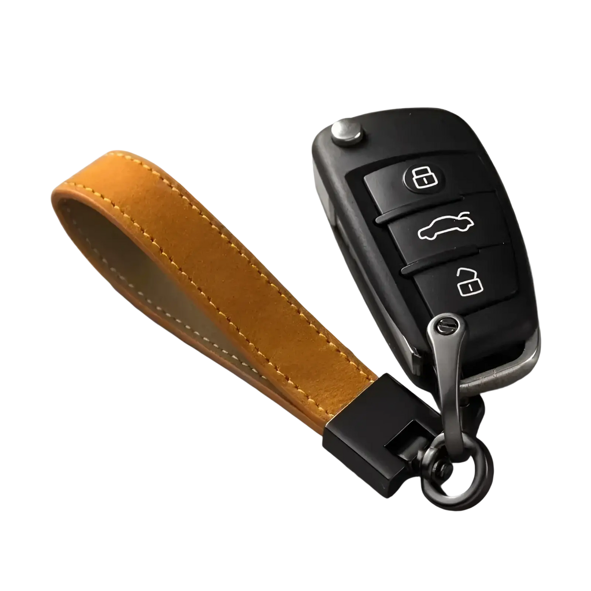Tan suede leather car keychain ring with white stitching and black metal clasp attached to black car remote