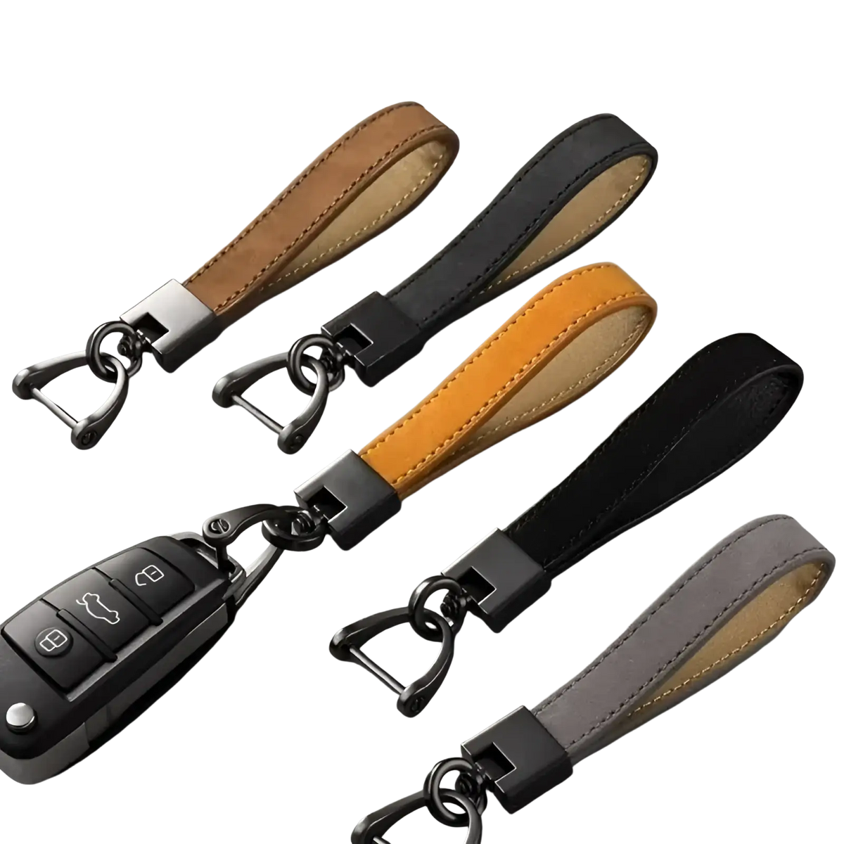 Tan suede leather car keychain ring with sleek black leather, matte metal clasp, chain, and tan stitching edges