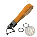 Tan suede leather car keychain ring with matte black metal d-ring and clasp featuring light contrast stitching