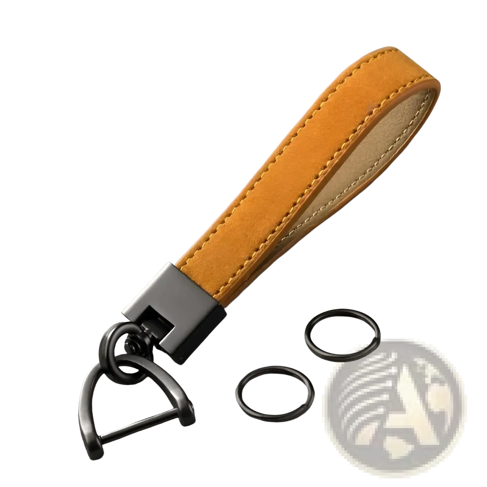 Tan suede leather car keychain ring with matte black metal d-ring and clasp featuring light contrast stitching