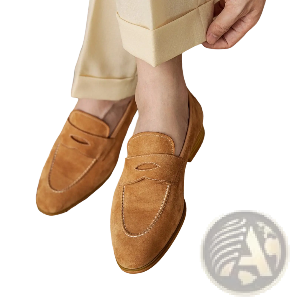 Tan suede penny loafers with a classic slip-on design and white contrast stitching for stylish comfort