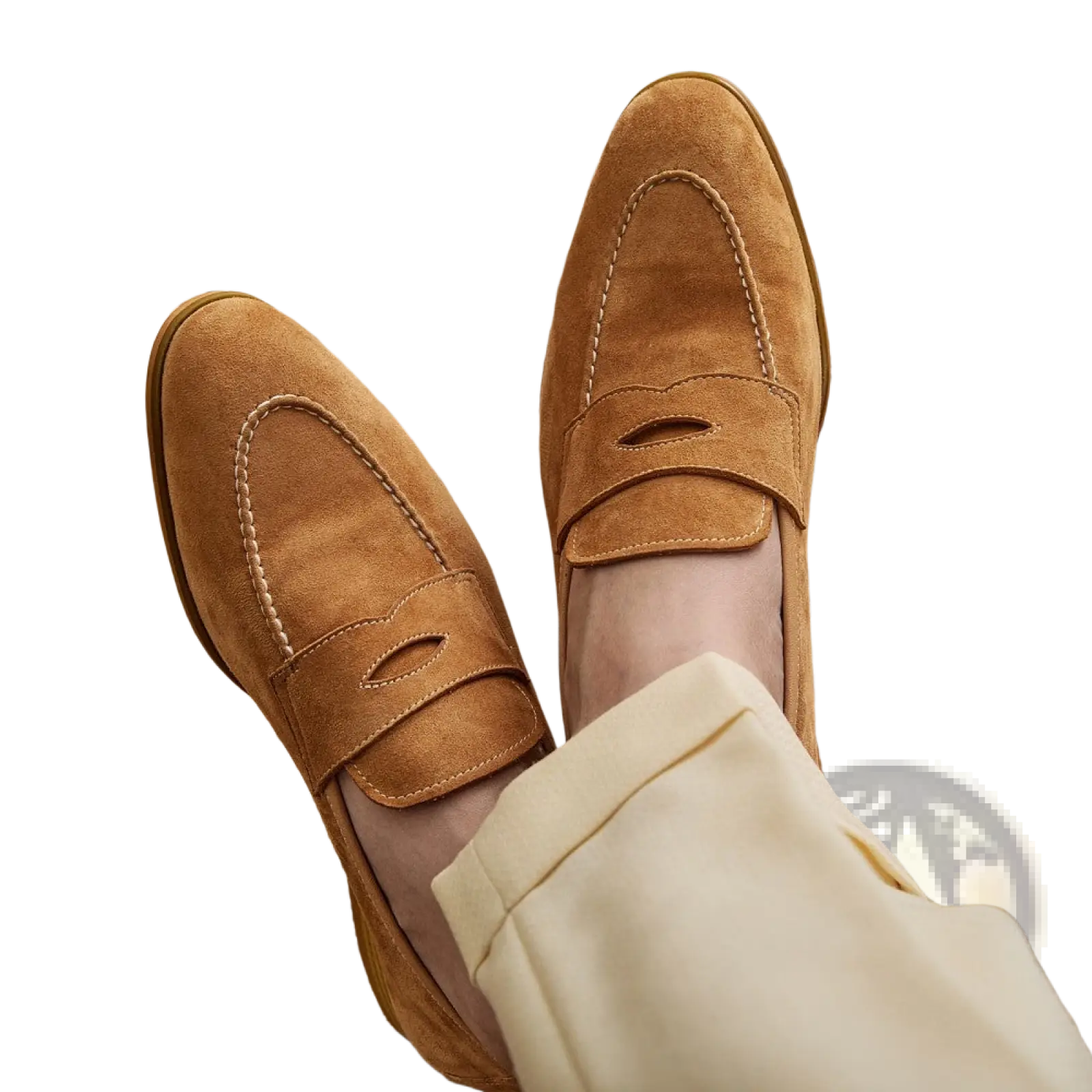 Tan suede penny loafers with classic slip-on design and white contrast stitching for stylish casual wear