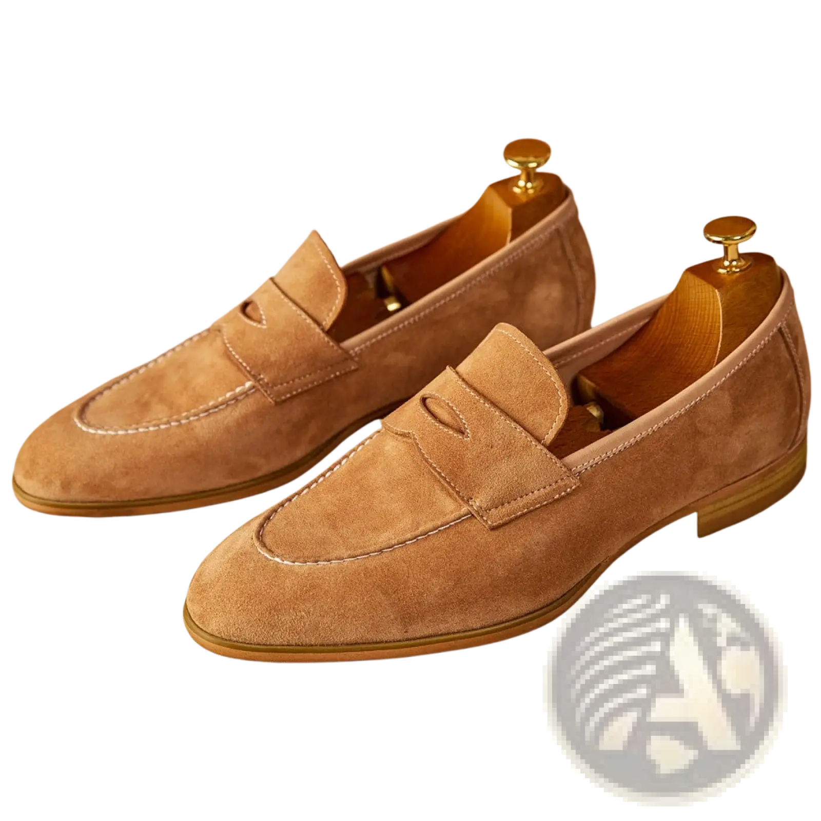 Tan suede penny loafers with classic design and white contrast stitching for stylish casual wear