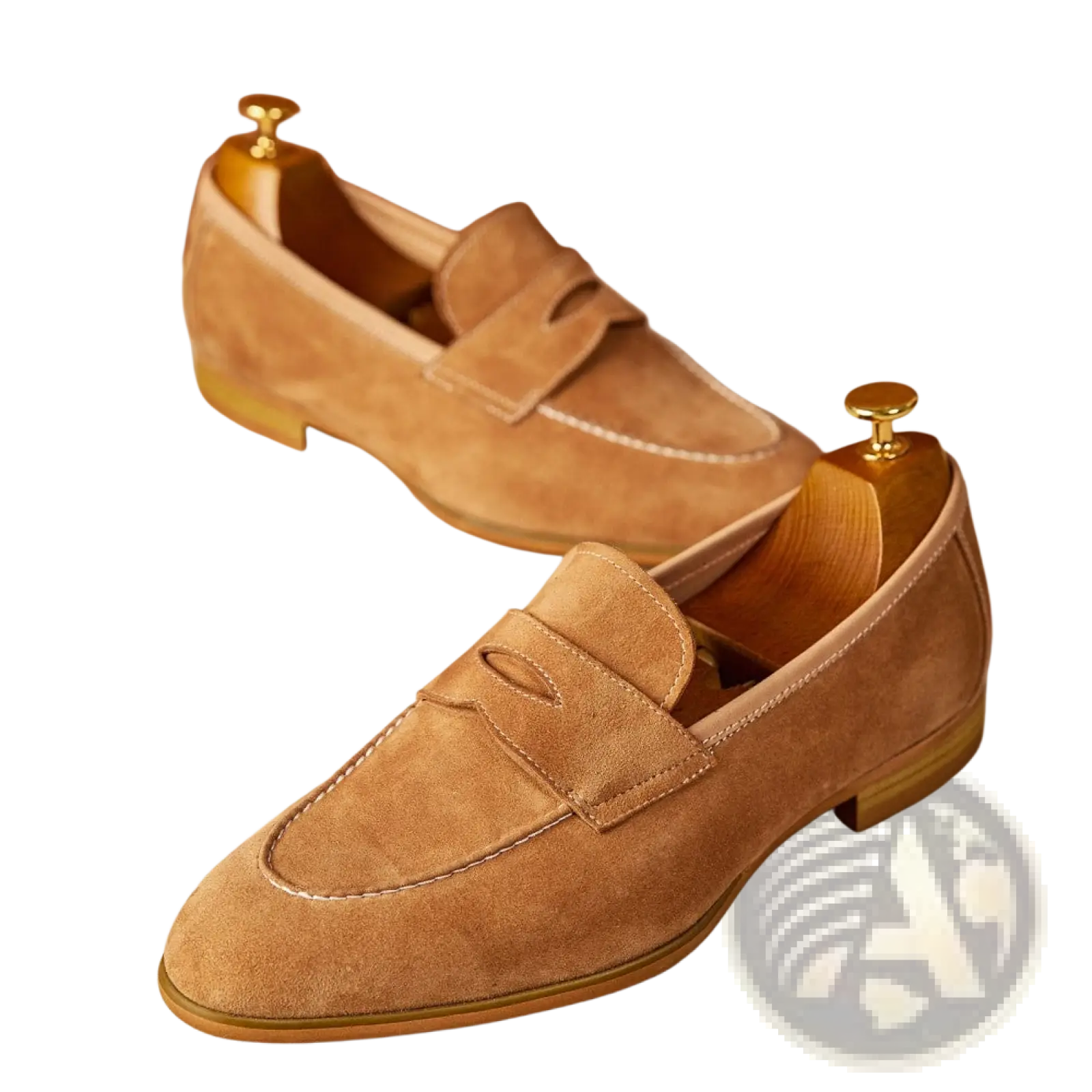 Tan suede penny loafers with classic design and white contrast stitching for stylish casual wear