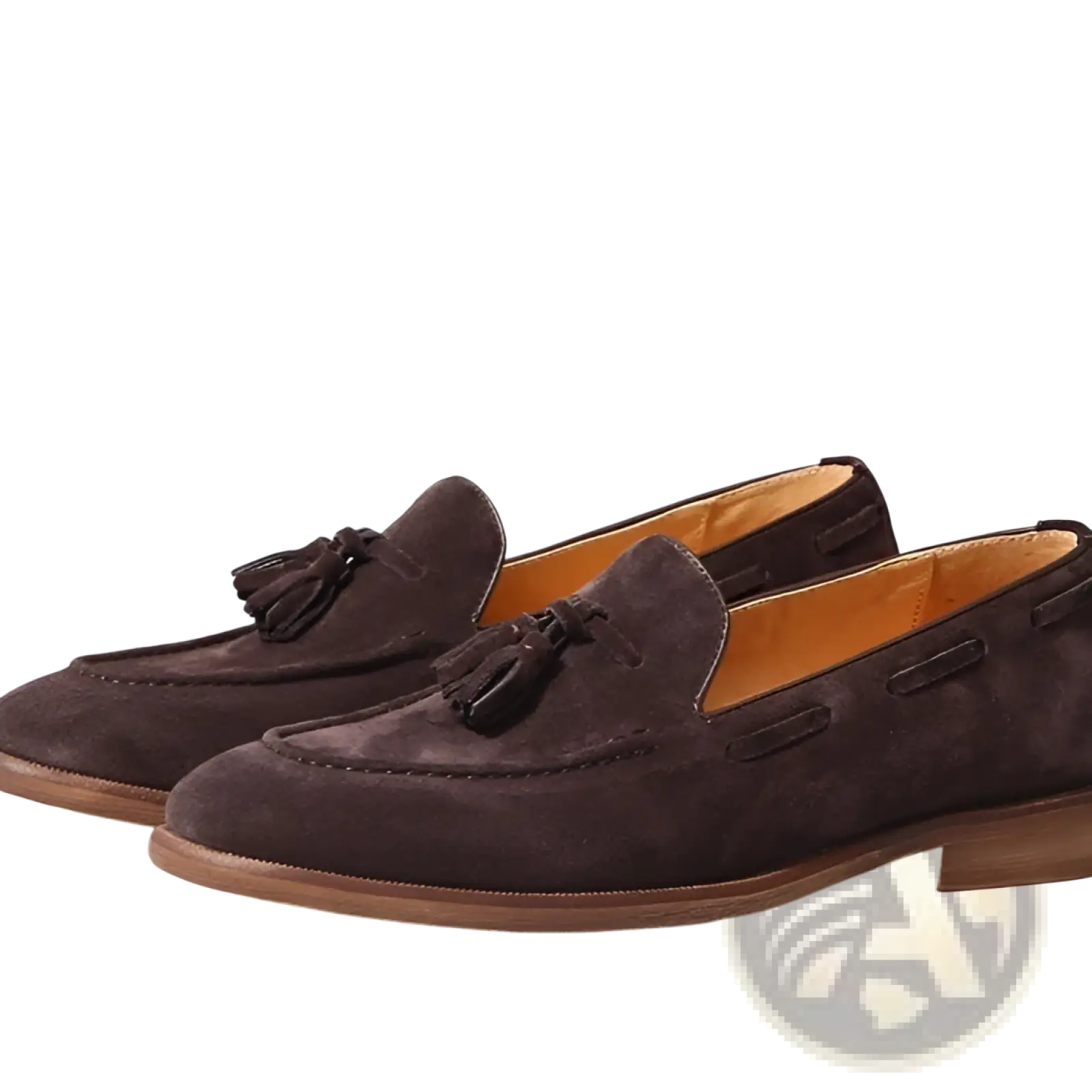 Tan suede tassel loafers with stitched rubber sole featuring brown suede and tan interior lining