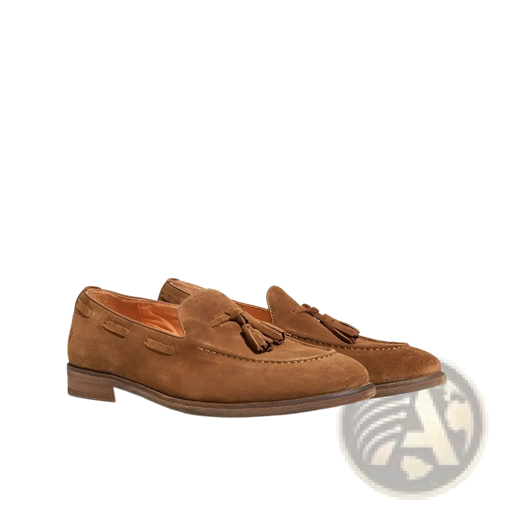 Tan suede tassel loafers with stitched rubber sole in brown suede detailing for casual and formal wear