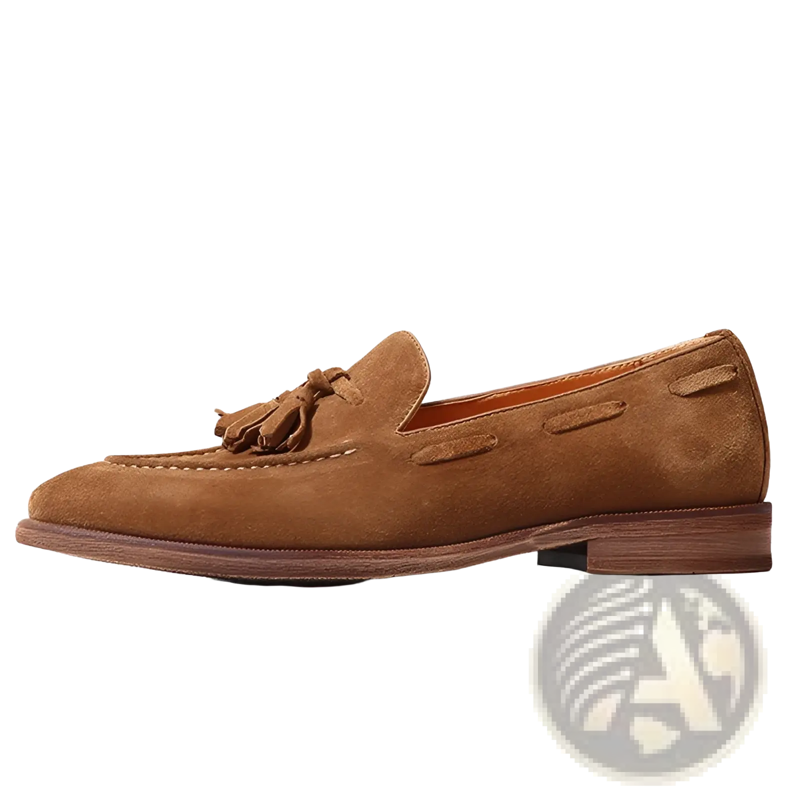 Tan suede tassel loafers with stitched leather accents and rubber sole shown from the back side