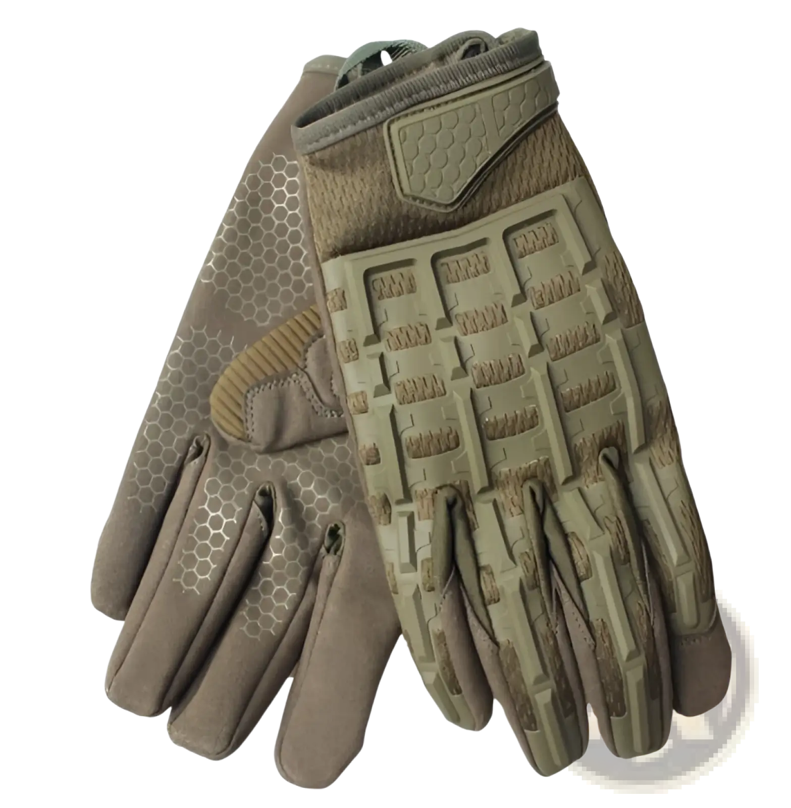 Tan tactical gloves featuring reinforced knuckles, textured grip patterns, and reinforced palm panels for durability